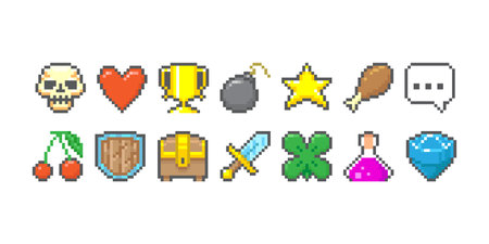 Colorful simple 8bit pixel art graphic symbols group collection. Skull, heart, goblet, bomb, cherry, chest, phrase, star, foodのイラスト素材