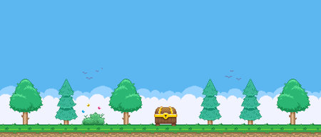 8bit colorful simple vector pixel art horizontal illustration of cartoon treasure chest in mixed forest in retro video game platformer styleのイラスト素材