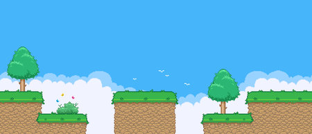 8bit colorful simple vector pixel art horizontal illustration of cartoon natural platforms high in the mountains in retro video game platformer styleのイラスト素材