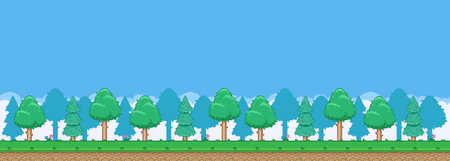 8bit colorful simple vector pixel art horizontal illustration of cartoon dense mixed forest in retro video game platformer level styleのイラスト素材
