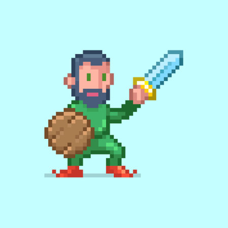 8bit colorful simple vector pixel art illustration of cartoon hero with sword and wooden shieldのイラスト素材