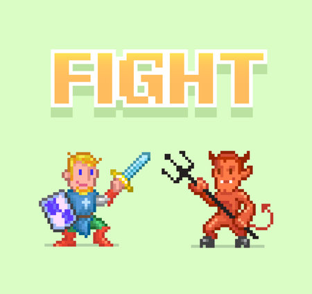 8bit colorful simple vector pixel art illustration of cartoon knight templar with sword and demon with trident in retro video game platformer level styleのイラスト素材