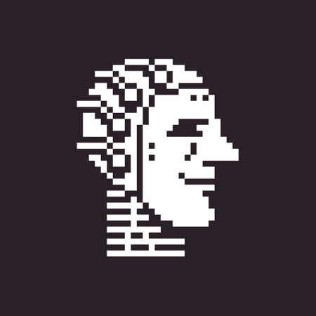 black and white simple 1bit pixel art artificial intelligence icon. humanoid robot headのイラスト素材