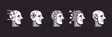 black and white simple 1bit pixel art set of artificial intelligence icons. humanoid robot head