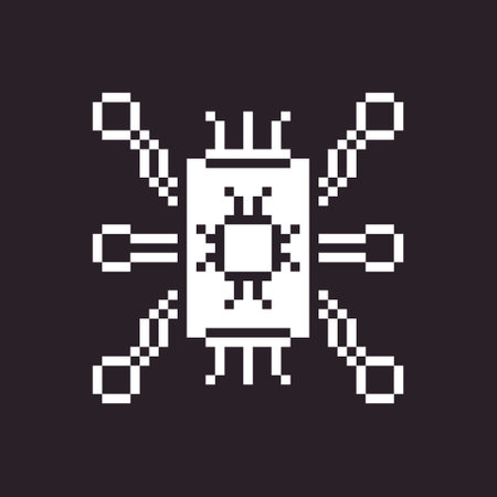 black and white simple 1bit pixel art artificial intelligence icon. computer chipset
