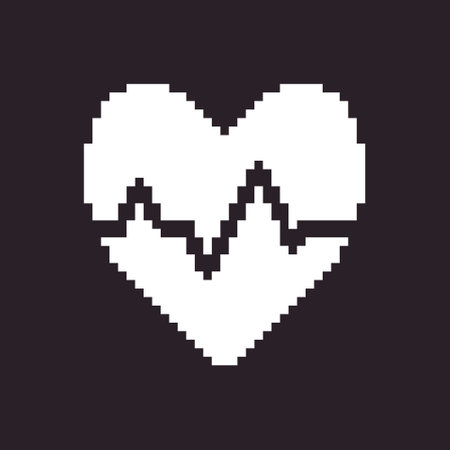 black and white simple flat 1bit vector pixel art icon of abstract heart with heartbeat line