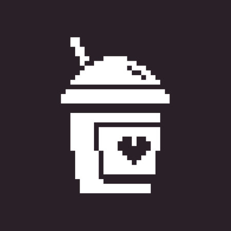 black and white simple flat 1bit vector pixel art icon of paper cup with lid and straw for coffeeのイラスト素材