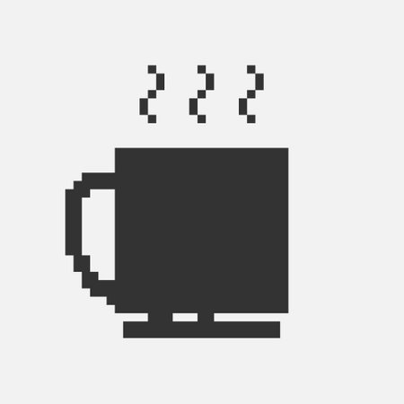 black and white simple flat 1bit vector pixel art icon of cup with hot drinkのイラスト素材
