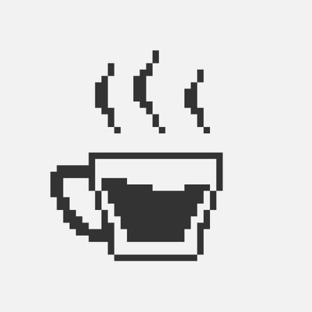 black and white simple flat 1bit vector pixel art icon of glass cup with hot drinkのイラスト素材