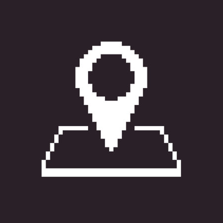black and white simple flat 1bit vector pixel art icon of geolocation pin on the mapのイラスト素材