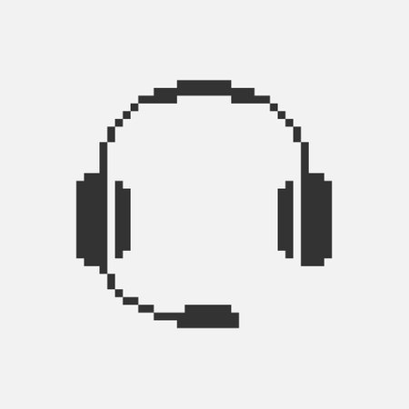 black and white simple flat 1bit vector pixel art icon of headphones with microphoneのイラスト素材