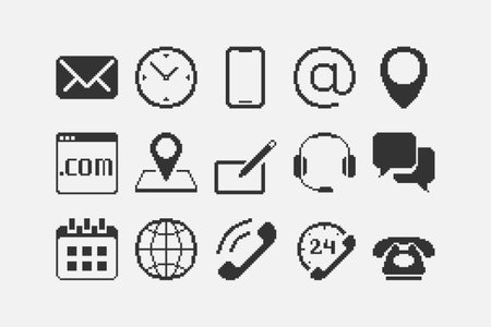 black and white simple flat 1bit vector pixel art set of contact us icons on white backgroundのイラスト素材