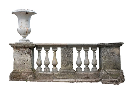 Abandoned ancient stone baluster railing with old vase isolated on white background.の写真素材
