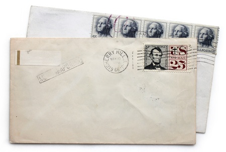 Two vintage airmail envelopes with Abraham Lincoln and George Washington postage stamps from USA. のeditorial素材