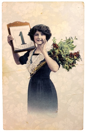 Russia - CIRCA 1900. Vintage postcard with hand painted photograph of beautiful lady in fashion dress of 1900. Circa 1900のeditorial素材