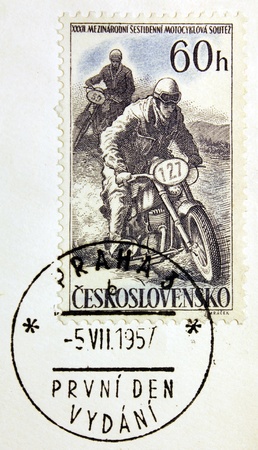 CZECHOSLOVAKIA - CIRCA 1957: a stamp printed by Czechoslovakia shows motorcycle competition, circa 1957.の写真素材