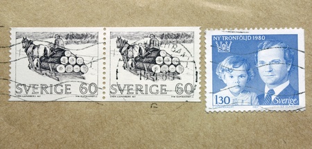 SWEDEN - CIRCA 1980: three stamps printed by SWEDEN shows portrait of Carl XVI Gustaf King of Sweden, Crown Princess Victoria and Swedish peasant, circa 1980.の写真素材
