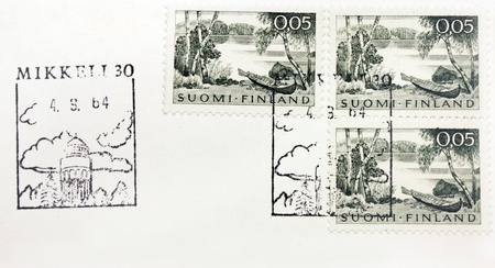 FINLAND - CIRCA 1964: A set of three stamps printed by FINLAND shows idyllic Finnish landscape, circa 1964 の写真素材