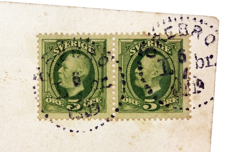 SWEDEN - CIRCA 1903: A set of two stamps printed by SWEDEN shows portrait of Swedish and Norwegian King Oscar II, circa 1903.の写真素材