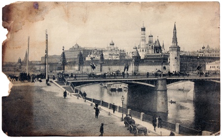 RUSSIA - 1910: Vintage postcard printed by RUSSIA shows view of the Kremlin in Moscow. Postcard is partially burned on the edges, circa 1910.の写真素材