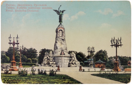 RUSSIA - CIRCA 1914: a postcard printed in Russia shows Russalka Memorial in Tallinn. Monument was erected in memory of the sinking of the Russian warship Russalka, circa 1914.のeditorial素材
