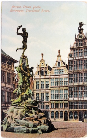 BELGIUM - CIRCA 1914: a postcard printed in BELGIUM shows view of statue of Silvius Brabo and the giant's hand at the Antwerp Town Square, circa 1914.のeditorial素材
