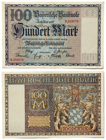 Ancient Bavarian currency notes issued by Bayerische Notenbank in 1922. 100 Marks.のeditorial素材