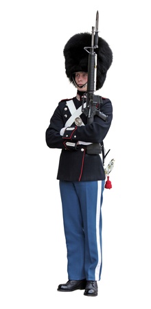 A Danish soldier guarding the Danish Royal residence Amalienborg Palace with rifle and wearing a...