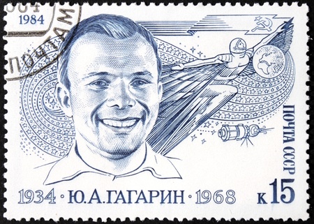 RUSSIA - CIRCA 1984: A postage stamp printed by Soviet Union shows  image portrait of famous Soviet pilot and cosmonaut Yuri Gagarin, circa 1984.のeditorial素材