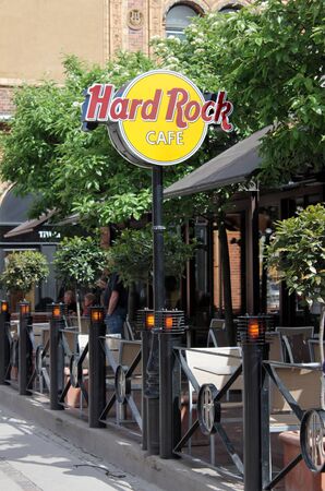 DENMARK - MAY 16: Sign of Hard Rock Cafe in Copenhagen. Hard Rock Cafe is a famous restaurant chain notable for its collection of unique music memorabilia. Over 170 locations in 53 countries. May 16, 2012.のeditorial素材