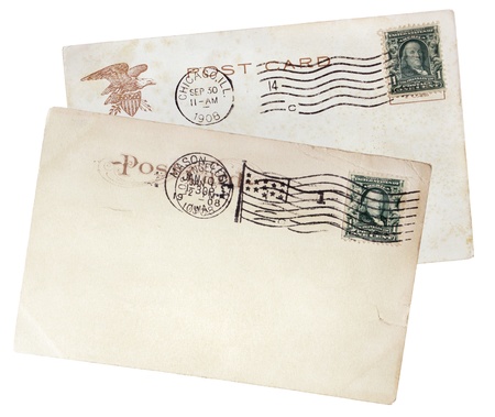 USA - CIRCA 1908: set of two stamps printed by USA shows image portrait of Benjamin Franklin. The stamps are in old postcards, circa 1908.のeditorial素材