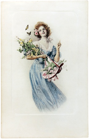 FRANCE - CIRCA 1909: a vintage postcard printed in France shows hand painted picture of young beautiful girl with flowers,  circa 1909.のeditorial素材