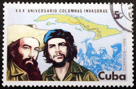 CUBA - CIRCA 1988: A postage stamp printed by CUBA shows portraits major figures of the Cuban Revolution - Ernesto のeditorial素材