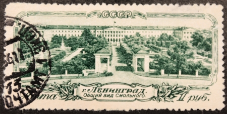 RUSSIA - CIRCA 1953: a stamp printed by the SOVIET UNION shows bird's eye view of Smolny Institute in Leningrad, circa 1953.のeditorial素材