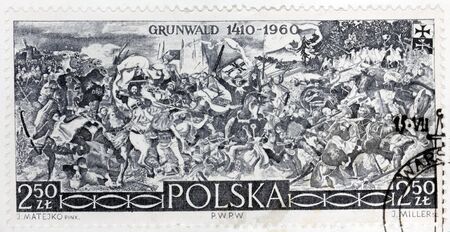 POLAND - CIRCA 1963: a stamp printed by POLAND shows "Battle of Grunwald" - picture  by artist Jan Matejko, circa 1963. のeditorial素材