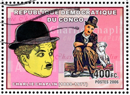 CONGO - CIRCA 2006: A postage stamp printed by CONGO shows image portrait of famous English comic actor and filmmaker Sir Charles Spencer "Charlie" Chaplin, circa 2006.のeditorial素材