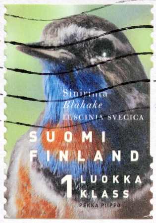 FINLAND - CIRCA 1999: a stamp printed by FINLAND shows a small passerine bird - Bluethroat (Luscinia svecica), circa 1999.のeditorial素材