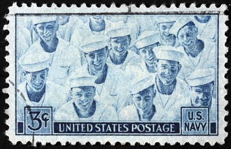 USA - CIRCA 1945: A stamp printed by USA devoted to Achievements of the US Navy in World War II, circa 1945.のeditorial素材