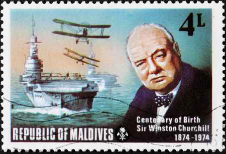 MALDIVE ISLANDS - CIRCA 1974: a stamp printed by Maldive Islands shows image portrait of famous British politician, Prime Minister of the United Kingdom Sir Winston Churchill, circa 1974のeditorial素材