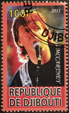 DJIBOUTI - CIRCA 2011: A postage stamp printed by DJIBOUTI shows image portrait of  famous English musician, composer, singer and songwriter Paul McCartney, circa 2011.のeditorial素材
