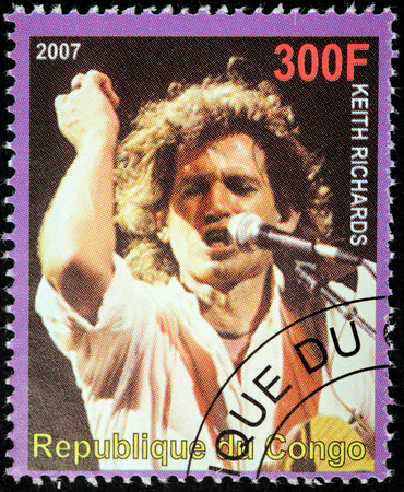 CONGO - CIRCA 2007: A postage stamp printed by CONGO shows image portrait of  famous English musician, composer, singer and songwriter Keith Richards, circa 2007.のeditorial素材