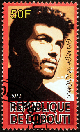DJIBOUTI - CIRCA 2011: A stamp printed by DJIBOUTI shows image portrait of famous English musician, singer, songwriter, multi-instrumentalist and record producer George Michael, circa 2011のeditorial素材