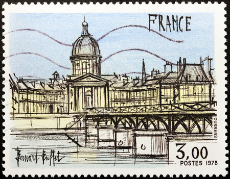 FRANCE - CIRCA 1978: A stamp printed by FRANCE shows Picture Institute de France and Pont des Arts, Paris by French painter Bernard Buffet, circa 1978のeditorial素材