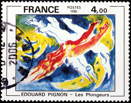 FRANCE - CIRCA 1981: A stamp printed by FRANCE shows painting The Divers (Les Plongeurs) by French painter Edouard Pignon, circa 1981のeditorial素材