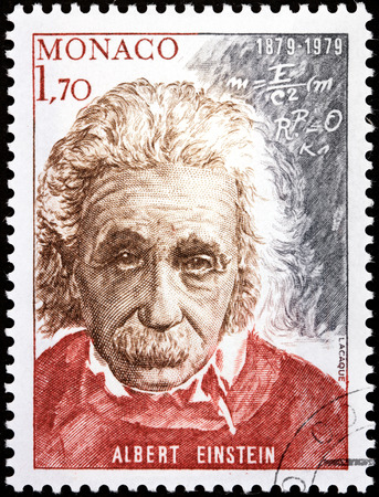 MONACO - CIRCA 1979: A stamp printed by MONACO shows image portrait of famous American physicist Albert Einstein (1879-1955), circa 1979.のeditorial素材