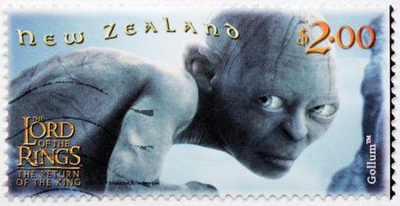 NEW ZEALAND - CIRCA 2003: stamp printed by New Zealand shows Scene from The Lord of the Rings fantasy film (Gollum), circa 2003のeditorial素材
