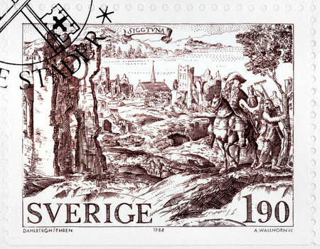 SWEDEN - CIRCA 1984: a stamp printed by SWEDEN shows ancient engraving of Sigtuna town. Sigtuna is a locality situated in Sigtuna Municipality, Stockholm County, Sweden, circa 1984.のeditorial素材
