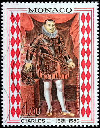 MONACO - CIRCA 1968: A stamp printed by MONACO shows image portrait of Charles II, Lord of Monaco (1581-1589), circa 1968.のeditorial素材