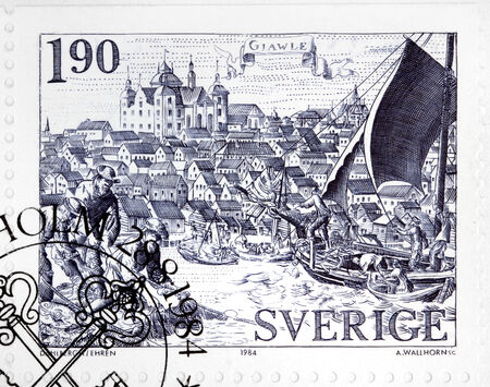 SWEDEN - CIRCA 1984: a stamp printed by SWEDEN shows ancient engraving of Gavle town on the Gulf of Bothnia, Sweden, circa 1984.のeditorial素材