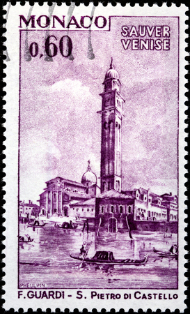 MONACO - CIRCA 1972: A stamp printed by MONACO shows View of San Pietro di Castello in Venice. Engraving after a painting by Venetian painter Francesco Lazzaro Guardi, circa 1972のeditorial素材